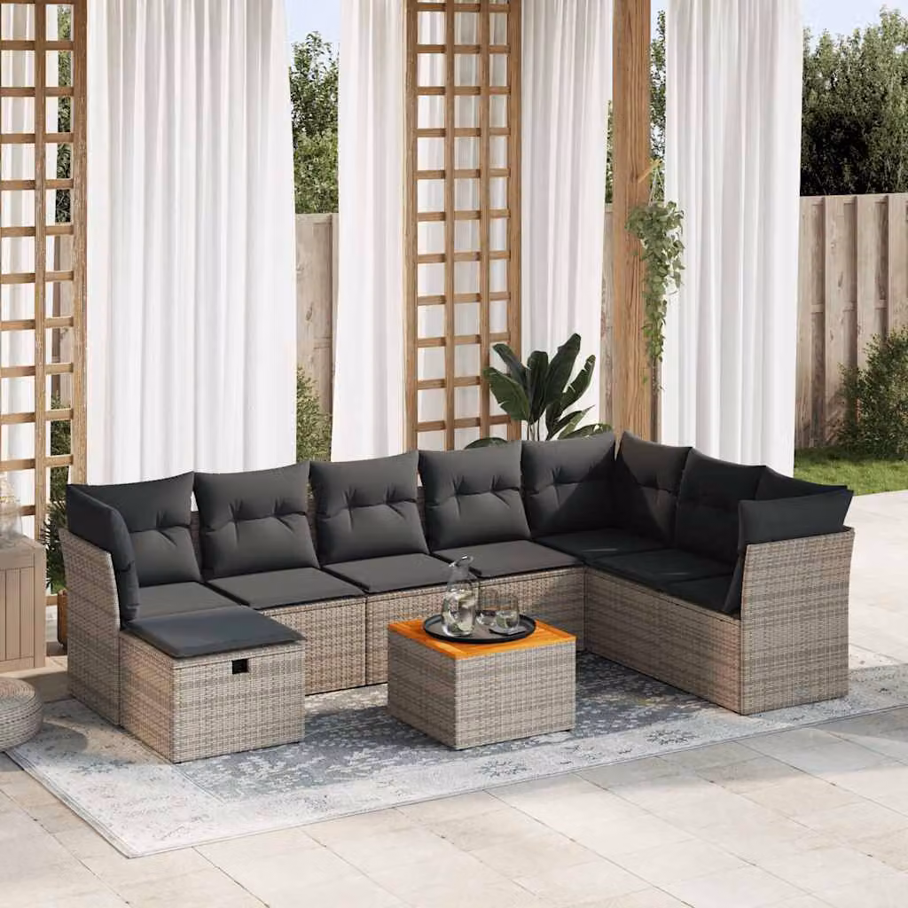 Set Divano da Giardino vidaXL 9 pz in Polyrattan con Cuscini e Tavolino, Forma a L, Grigio e Marrone