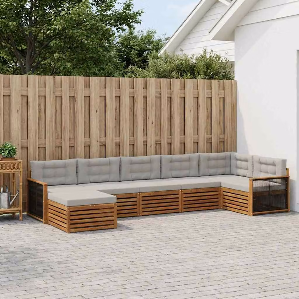vidaXL Set di divani da esterno a L composto da 7 pezzi in legno di acacia con cuscini, colore beige e grigio