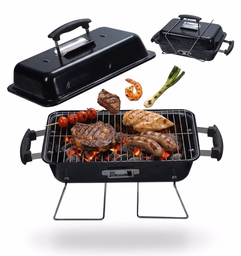 Griglia da tavolo Relaxdays, griglia pieghevole portatile, Dimensioni: 36 x 56 x 30,5 cm, sistema di ventilazione, coperchio, griglia da campeggio, acciaio, nera