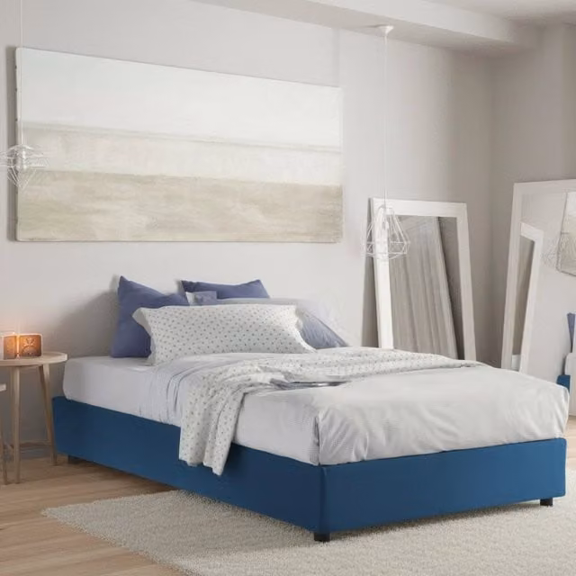 Letto matrimoniale contenitore Arvic Talamo Italia con rivestimento in tessuto blu, adatto per materasso 140x200 cm