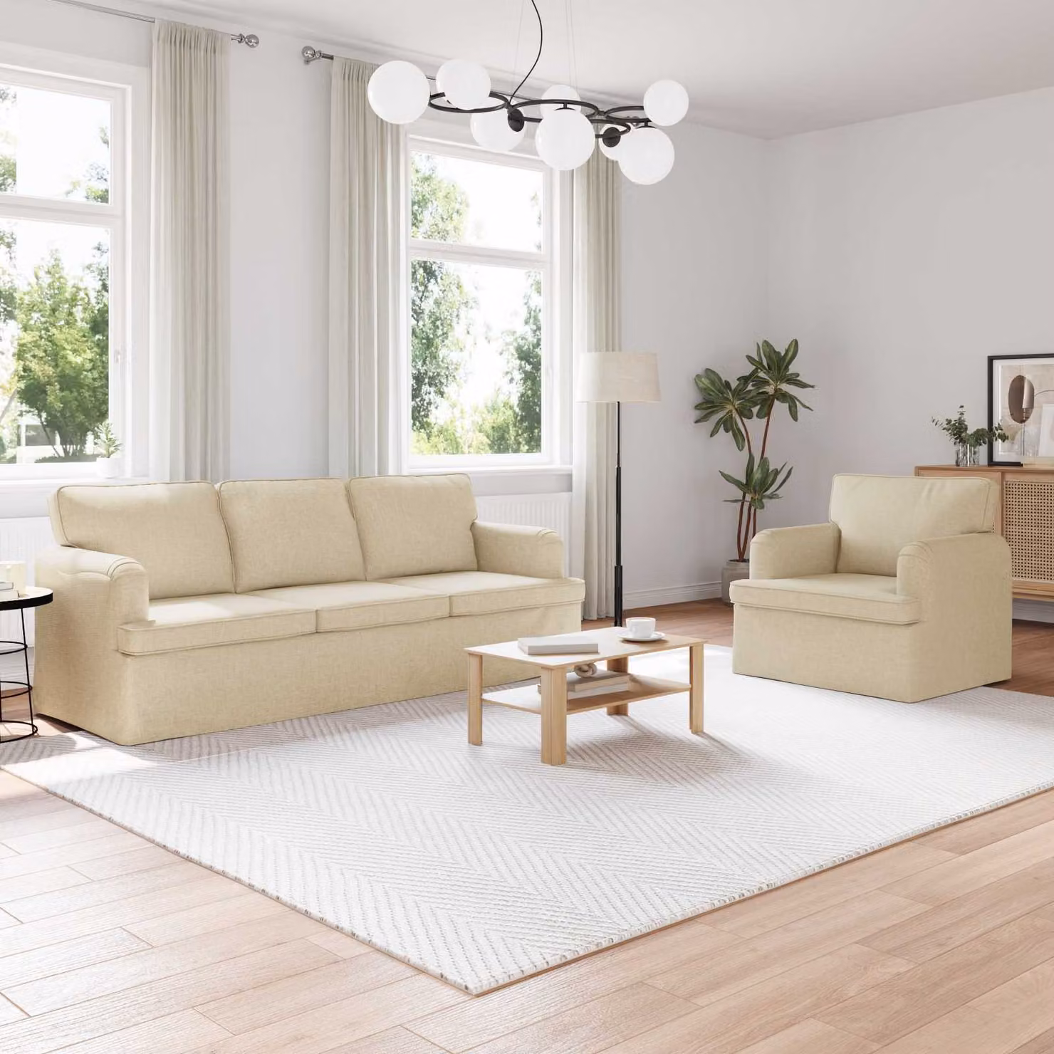 Set di 2 divani vidaXL moderni in tessuto color crema con struttura in metallo L/P/H: 201 x 80 x 85 cm