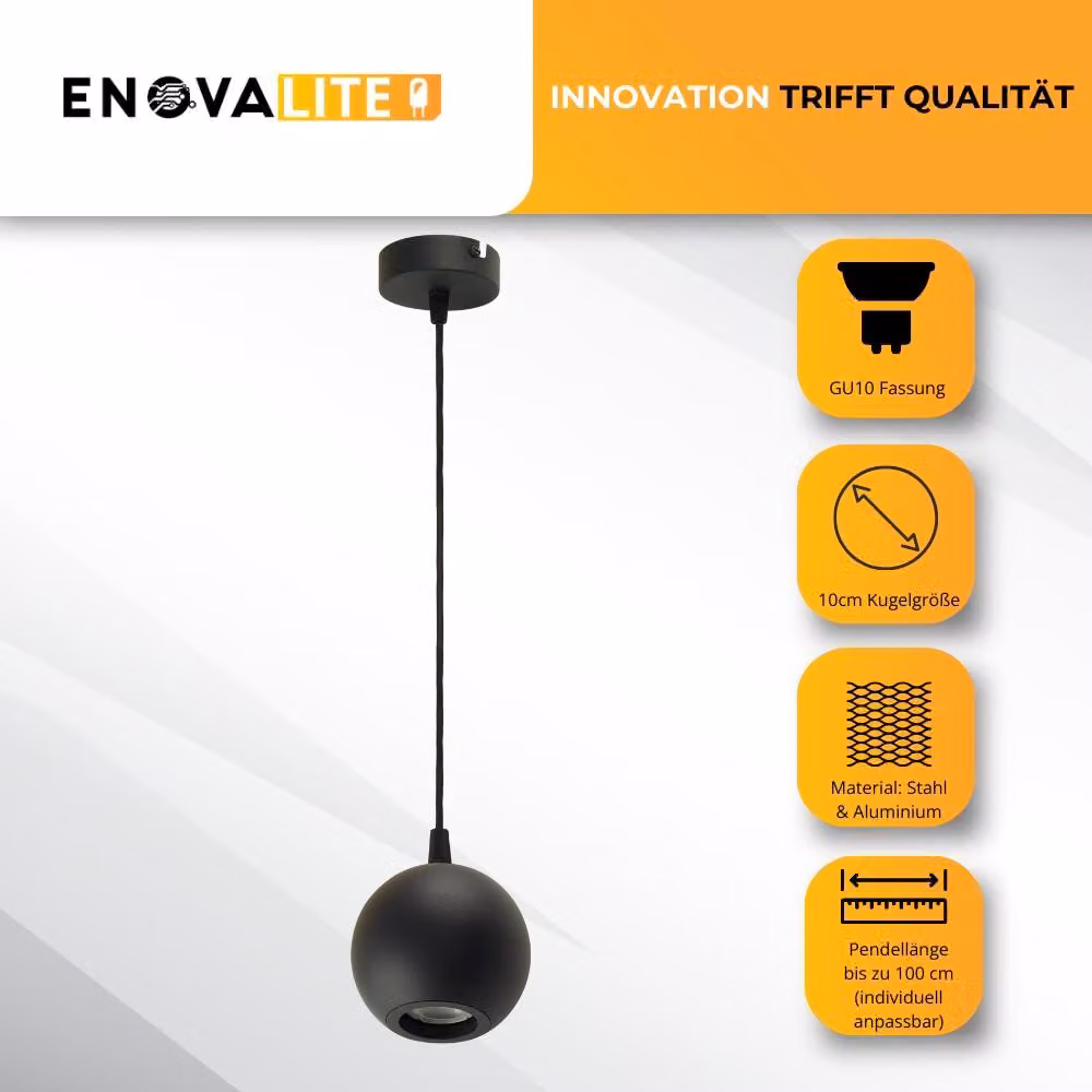 ENOVALITE GLOBE Lampada a sospensione LED, attacco GU10, IP20, Ø10cm, 1 luce, nero