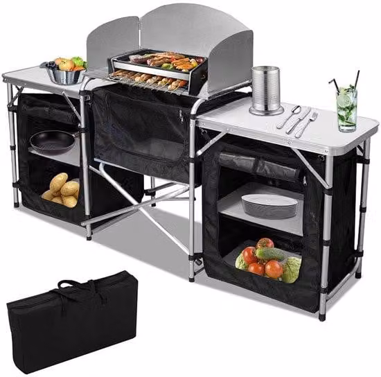 Tavolo pieghevole da campeggio con 3 superfici di lavoro – 164,5 x 104 x 52 cm, ideale per campeggio e giardino