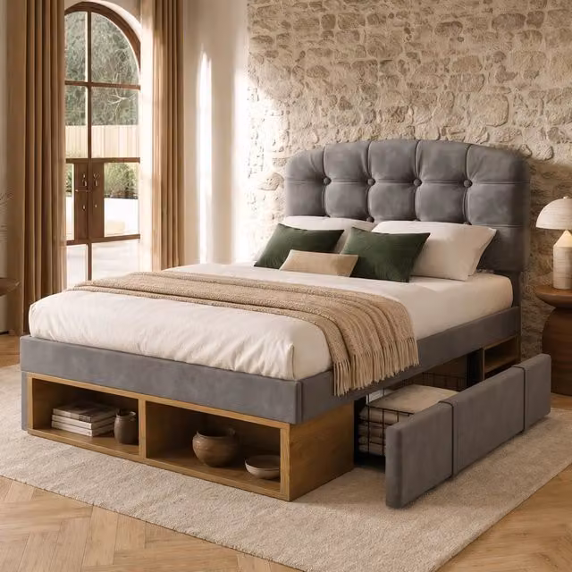 Letto singolo imbottito 90x200 cm in velluto con rete a doghe, testiera curva regolabile in altezza, cassetti e contenitore - Grigio, senza materasso