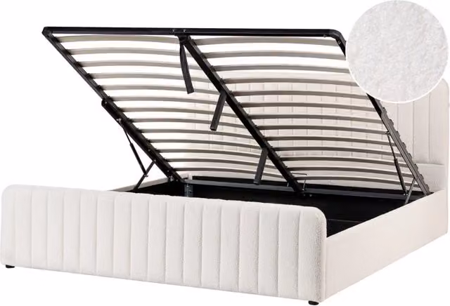 Letto matrimoniale con contenitore imbottito Boucle tessuto bianco 180 x 200 cm con testiera e pediera contenitore sollevabile