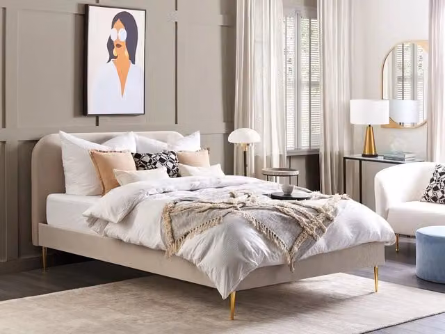 Letto Beliani in velluto beige con gambe dorate e cassettiera, design minimalista, L/P/H: 160 x 200 x 109 cm – 1