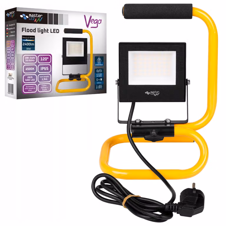 Proiettore MasterLED SMD Vega 30W 4500K bianco neutro - 2400lm, IP65, giallo/nero, 230V - Portatile, alluminio e vetro temperato per cantiere e officina