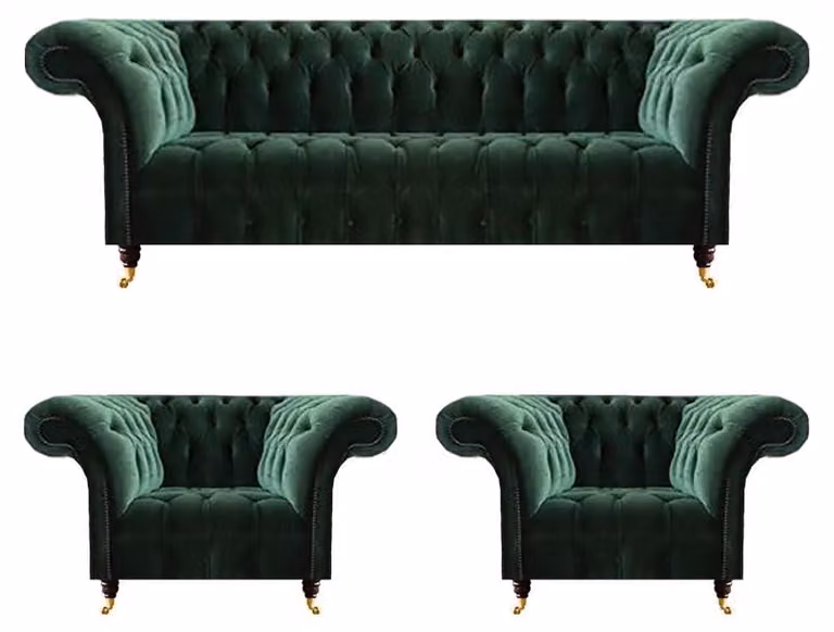 Dunkelgrüne Chesterfield Sessel Wohnzimmer Dreisitzer Luxus Couch 3tlg