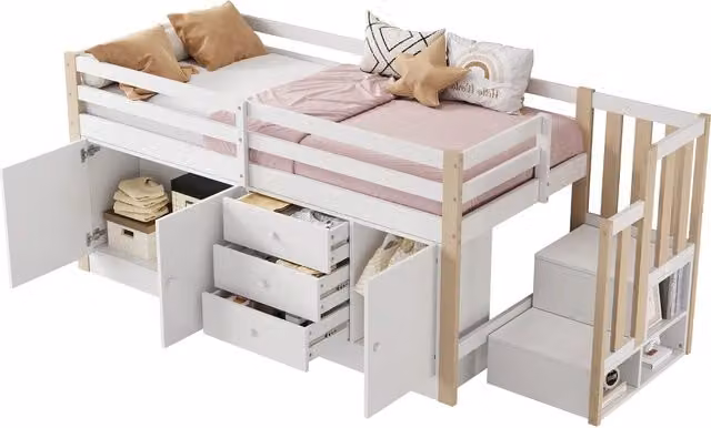 Letto a castello REDOM per bambini con scala, cassetti e struttura a casetta, bianco, L/P/H: 200 x 90 x 120 cm