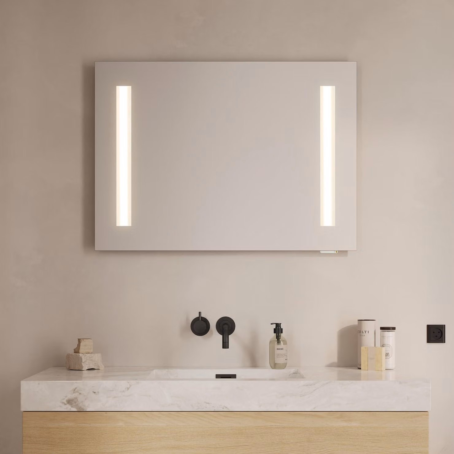 Specchio da bagno a LED con presa di corrente, 90x65 cm, dotato di due pannelli illuminanti