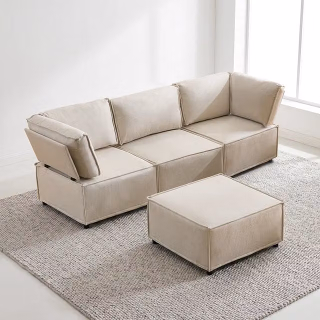 Divano panoramico modulare a U Mivray in tessuto beige con struttura in legno e imbottitura mista