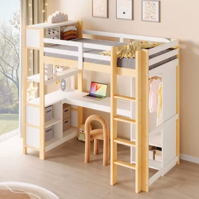 Letto a soppalco singolo Mivray in legno bianco con scrivania, scaffali e armadio, L/P/H: 200 x 90 x 232,5 cm
