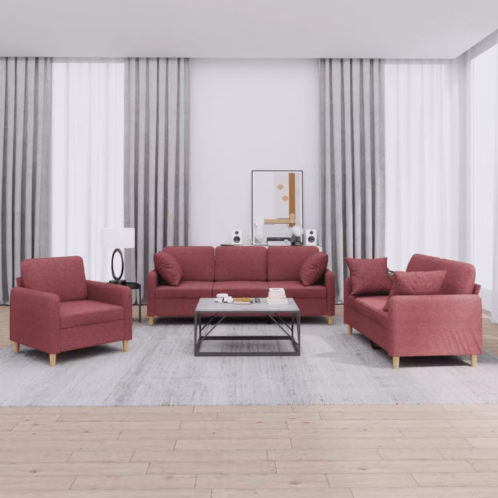 Set di divani 3 pezzi vidaXL in tessuto rosso con cuscini, design moderno per soggiorno