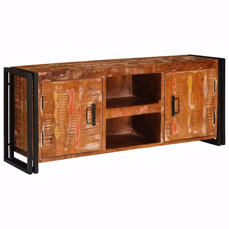 Mobile TV vidaXL con scaffale in legno massello di riciclo e metallo, stile rustico, Multicolore, L: 120 cm, P: 30 cm, H: 50 cm