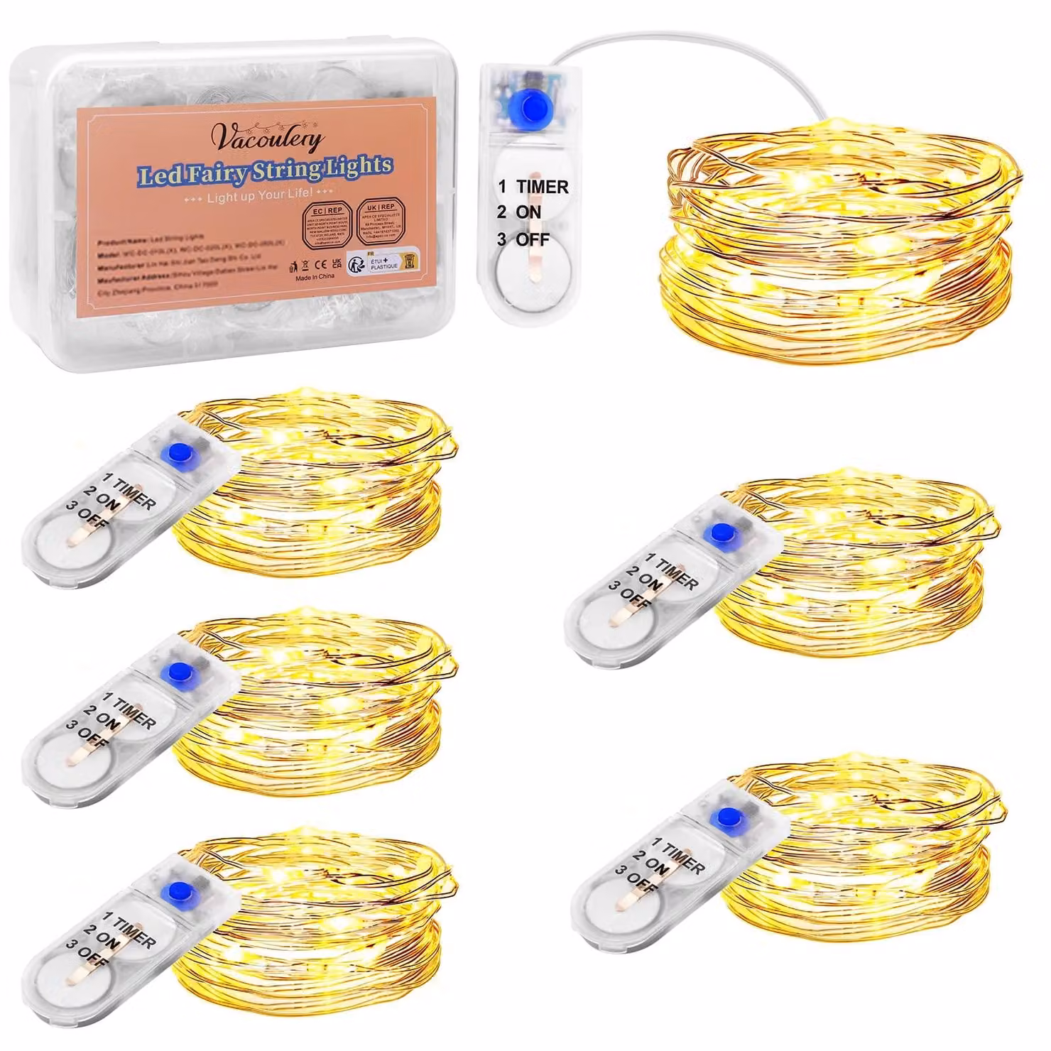 Catena luminosa a LED, 2 metri, 20 LED bianco caldo, con timer, grado di protezione IP65, confezione da 6 pezzi