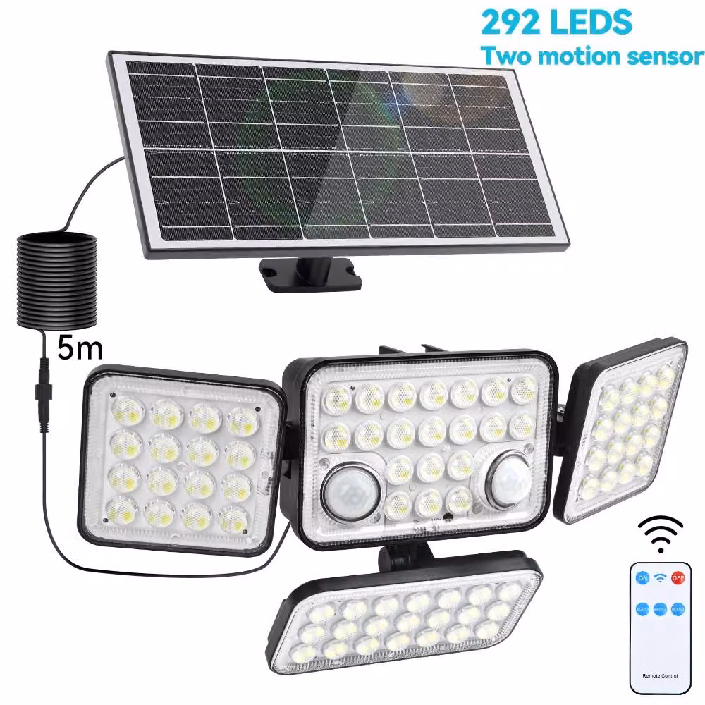 Lampada solare – Lampada da parete solare con sensore di movimento – Confezione da 1 – 292 LED – Grado di protezione IP65 (resistente all'acqua) – Dimmerabile – Illuminazione esterna