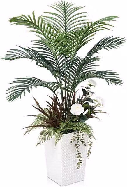 Piante Artificiali Tropicale Grosse 120 cm - Collezione di 5 Tipi di Piante in un Vaso Bianco, Resistenti ai Raggi UV e Realistici - Palma Decorativa per Salotto, Terrazza, Ufficio, Giardino