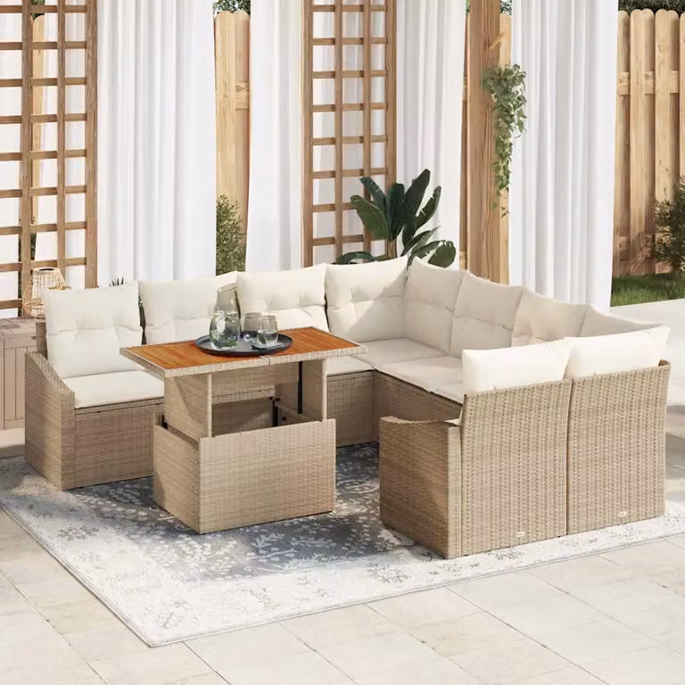 Set Divano da Giardino vidaXL 9 Pezzi Beige con Cuscini e Tavolino in Rattan e Metallo
