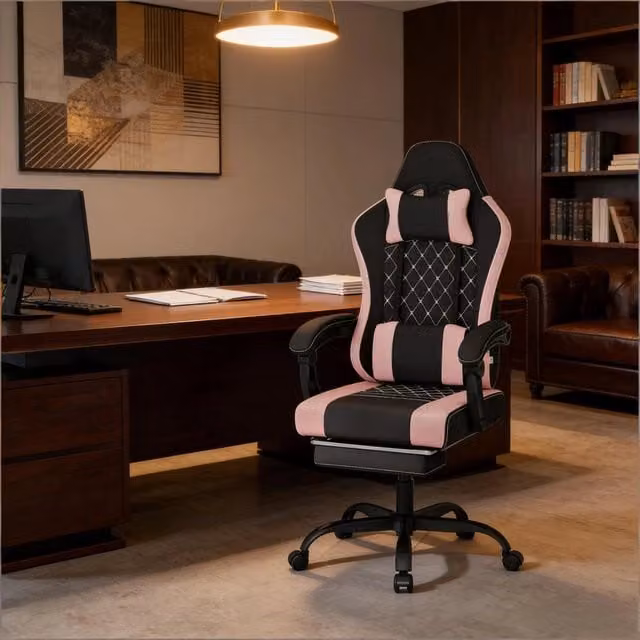 Sedia da ufficio ergonomica girevole con funzione massaggio e cuscino lombare USB in tessuto mesh nero e rosa