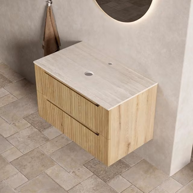 Armadietto da bagno in multistrato con piano in pietra sinterizzata effetto travertino per bagno rovere chiaro