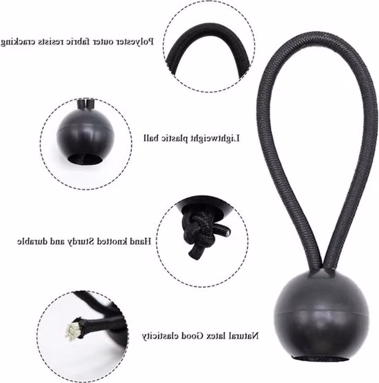 Set di 50 elastici di fissaggio con una palla di 10 cm - Elastici di fissaggio, anelli per tende, striscioni e poster, colore nero