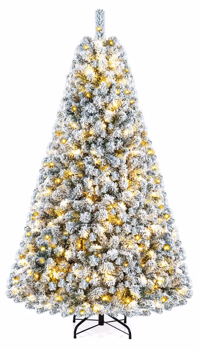 Albero di Natale artificiale COSTWAY, 183 cm, abete innevato, con 928 rami densi, 230 luci LED e supporto in metallo pieghevole, albero artificiale per Natale