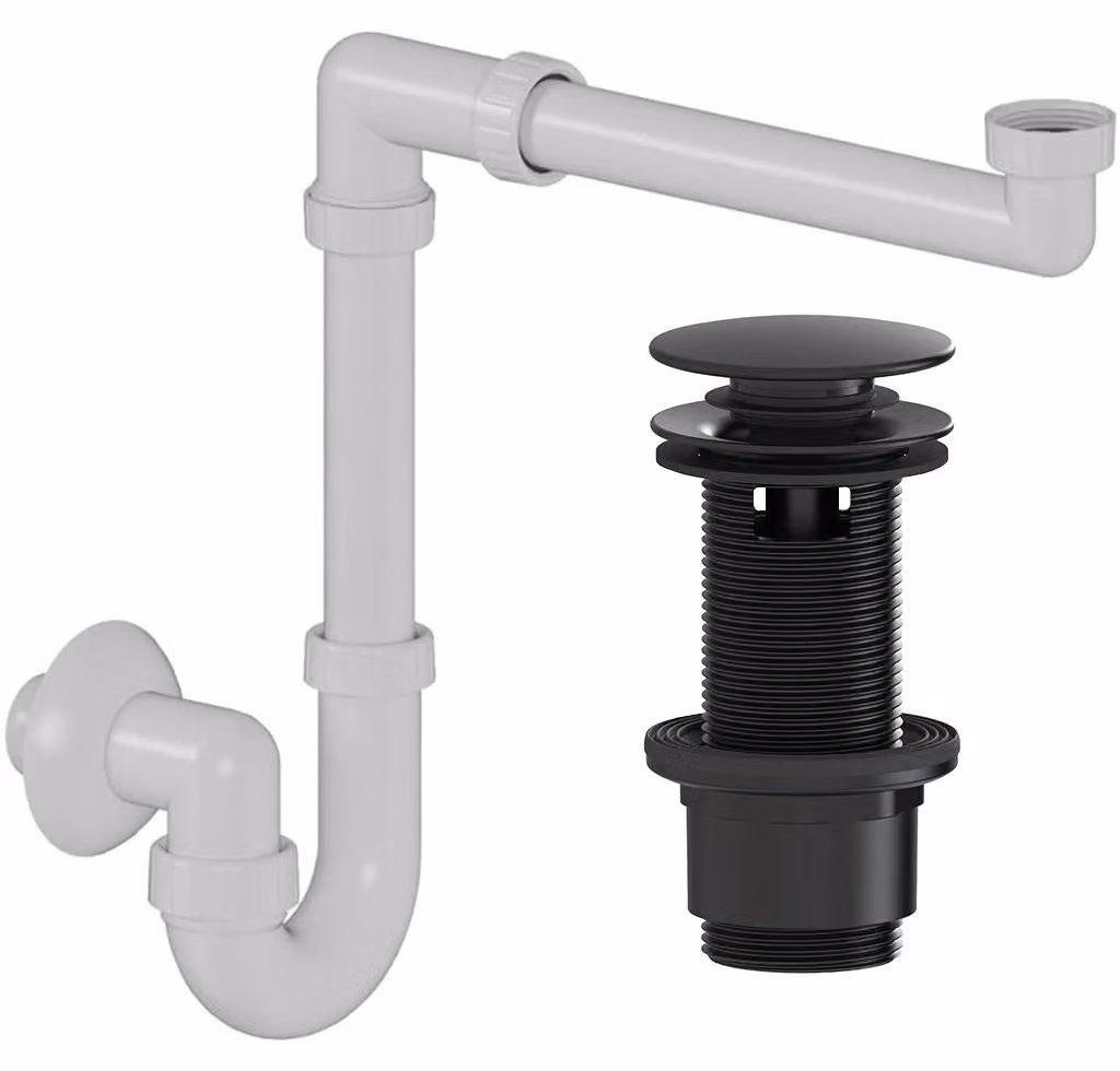 CERANO - Sifone per lavabo/mobili, salvaspazio - DN32/250-700 mm - bianco con scarico click-clack e troppopieno - plastica - 67/82 mm - nero opaco