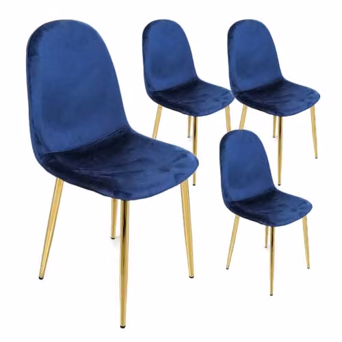 MA MAISON Set 4 Sedie in Velluto Imbottite - Tessuto Tecnico, Colori Vari, Gambe in Metallo Dorato, Seduta Morbida, Stile Elegante e Moderno, Portata Massima di 130kg - 52 x 44 x 88 cm (Blu)