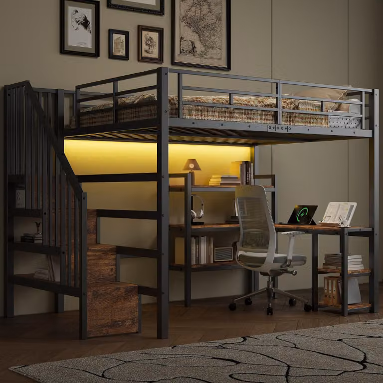 Letto a soppalco in metallo, dimensioni 140x200 cm, con scala e spazio contenitivo, scrivania, scaffale a 3 ripiani, illuminazione LED controllabile tramite app/Bluetooth e stazione di ricarica USB, colore nero