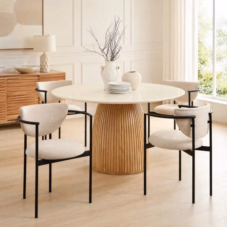 Sedia da pranzo moderna MIVRAY con braccioli in tessuto beige o verde e struttura in acciaio inox lucido con schienale ad anello, portata 130 kg
