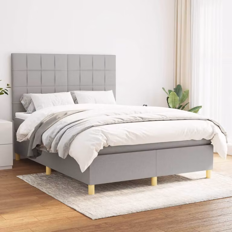 vidaXL Giroletto a Molle con Materasso in Tessuto Grigio e Bianco L/P/H: 140 x 190 cm