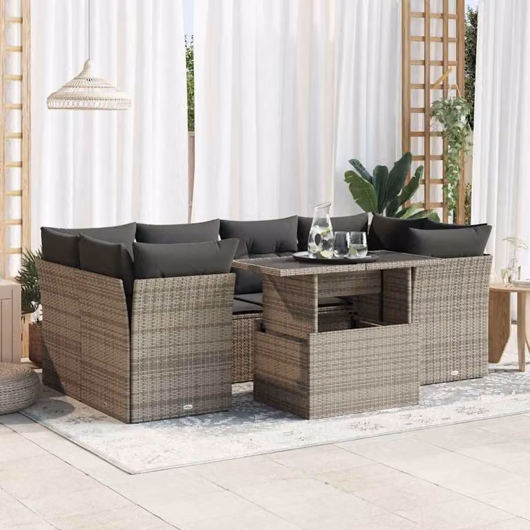 Set di divani da giardino vidaXL a forma di U composto da 7 pezzi con cuscini grigi e tavolino in vetro
