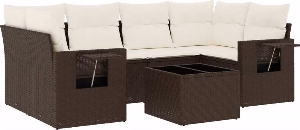 Set Divani da Giardino 7 pz con Cuscini Marrone in Polyrattan
