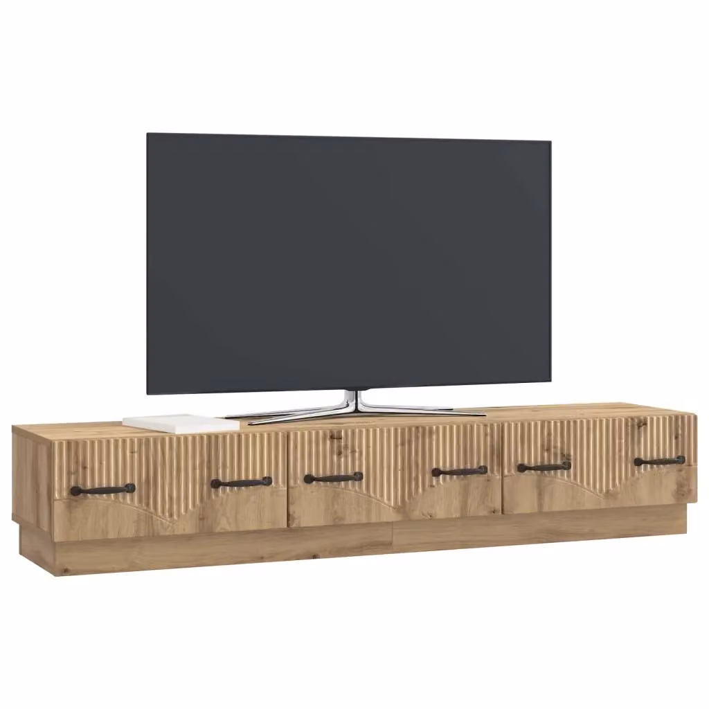 Mobile TV moderno in legno di rovere marrone con cassetto e passacavi L: 147 cm, P: 34,5 cm, H: 27 cm – 2