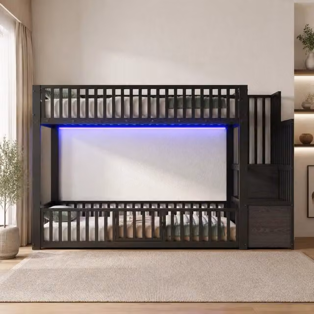 Letto a castello Mivray da 2 posti con scala contenitore, illuminazione LED e sponde in metallo e MDF, colore nero, 90 x 200 cm – 1