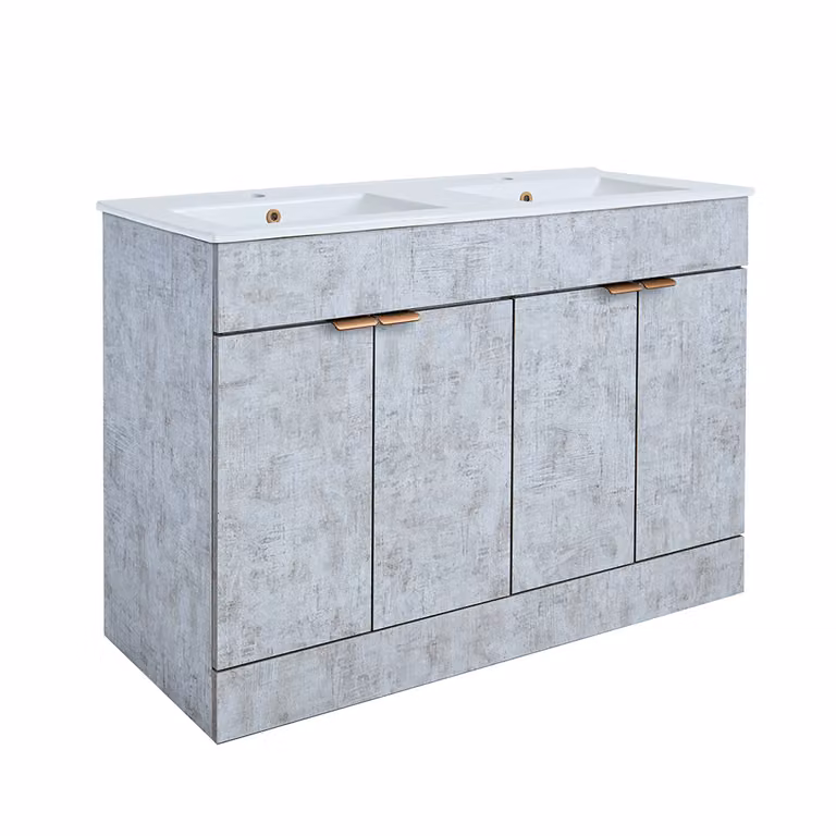 Mobile Bagno a Terra Grigio Cemento da 1210mm con Doppio Lavabo e Maniglie con Impugnatura a Dito in Rame Satinato - Cluo