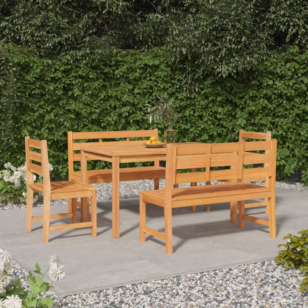 Set da pranzo per giardino vidaXL in legno di teak marrone, composto da 5 pezzi con tavolo rettangolare L: 140 cm, P: 80 cm, H: 77 cm e 4 sedie H: 77 cm, L: 45 cm, P: 40 cm