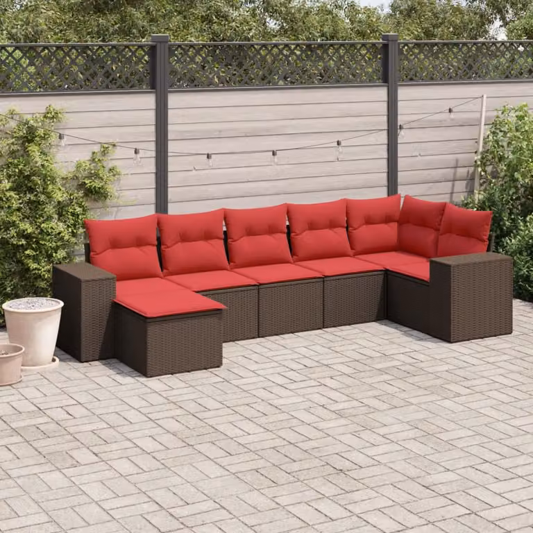Set di divani da giardino vidaXL 7 pezzi in polyrattan marrone con cuscini e pouf con struttura in metallo e tessuto resistente ai raggi UV