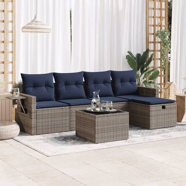 Set Divano da Giardino vidaXL 6 pz a Forma a L con Cuscini, Tavolino e Ottoman, Polyrattan e Metallo, Grigio e Blu