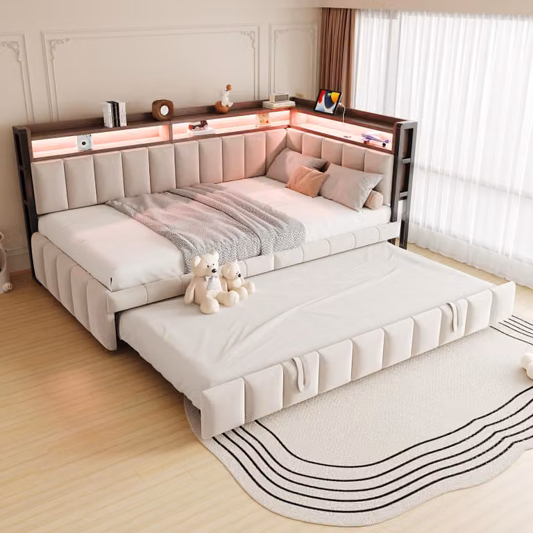 Letto imbottito Flieks 90x200 cm con letto a scomparsa, divano letto con testiera e pediera, divano letto con illuminazione LED e prese USB, color beige, rivestito in velluto e con struttura in legno