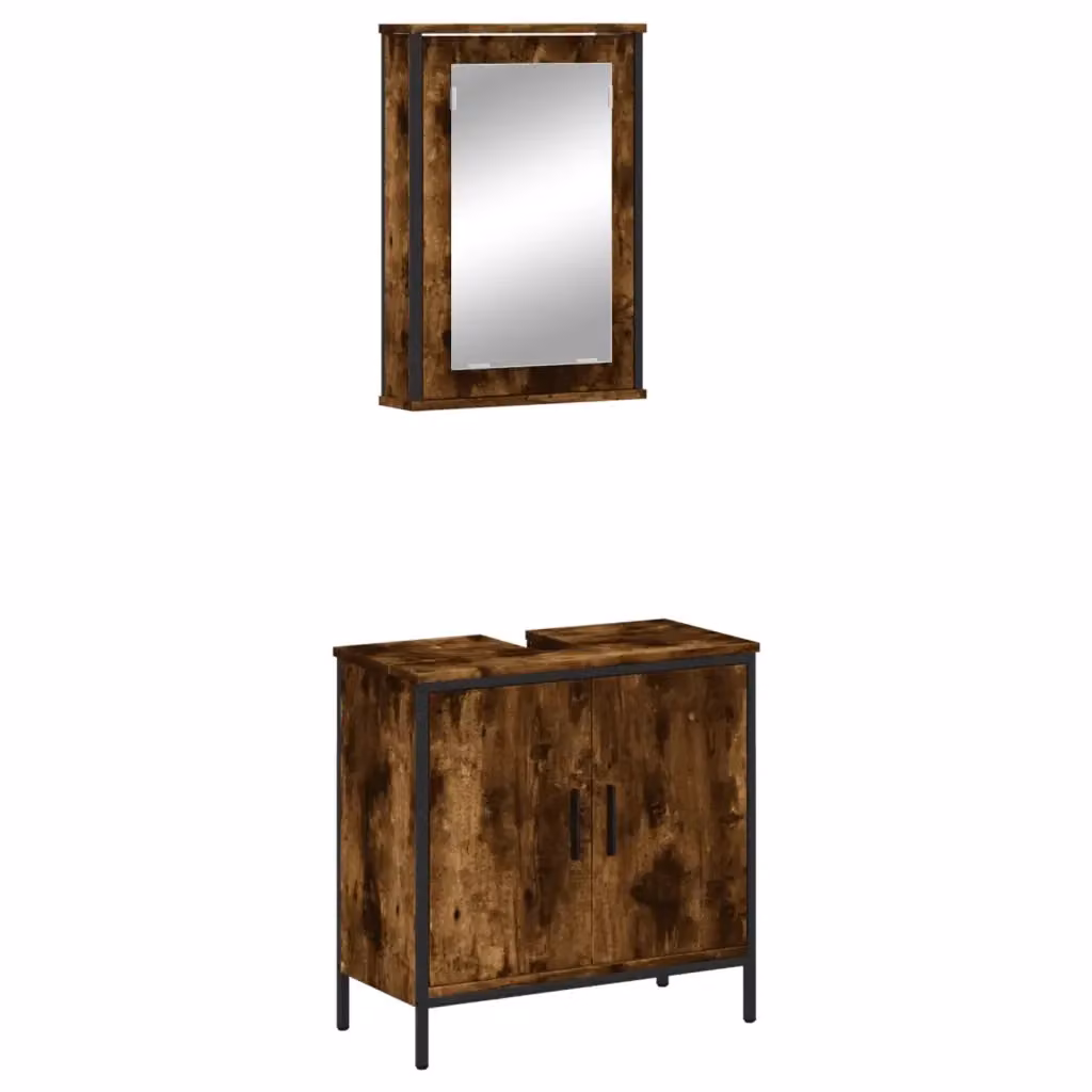Set Mobili da Bagno vidaXL 2 Pezzi in Legno e Metallo Marrone Stile Industrial con Mobile Lavabo e Armadietto Specchio a Parete – 2