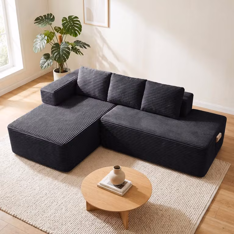Divano componibile modello Ecksofa, con funzione letto, 228 cm, rivestito in velluto. Divano modulare "Boneless" con chaise longue e struttura in metallo per lo schienale. Divano a forma di L con funzione letto e struttura aperta