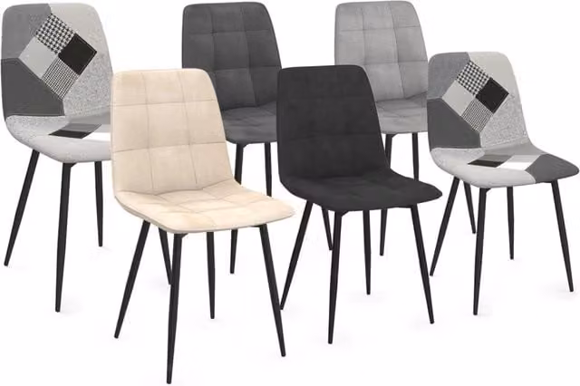 Set di 6 sedie MILA IDMarket in velluto per sala da pranzo e cucina, colori grigio scuro, grigio chiaro, beige, nero e patchwork multicolore – 1