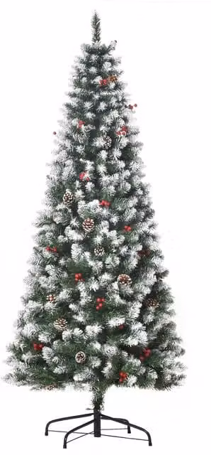 Albero di Natale artificiale innevato con bacche rosse e pigne bianche Aosom, colore bianco e verde, H 180 cm, Φ 65 cm