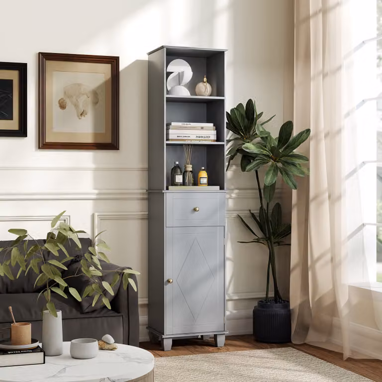 Mobiletto bagno stretto da pavimento Costway con ripiani interni e ante, unità di stoccaggio indipendente moderna, Grigio opaco