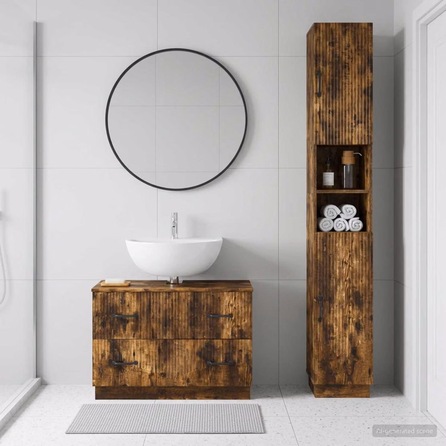 Set di mobili da bagno vidaXL HOORN composto da 2 pezzi in legno color rovere fumo marrone con armadietto a muro e mobile sottolavabo moderno