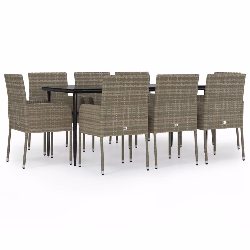 Set da Pranzo Giardino 9pz con Cuscini Nero e Grigio Polyrattan
