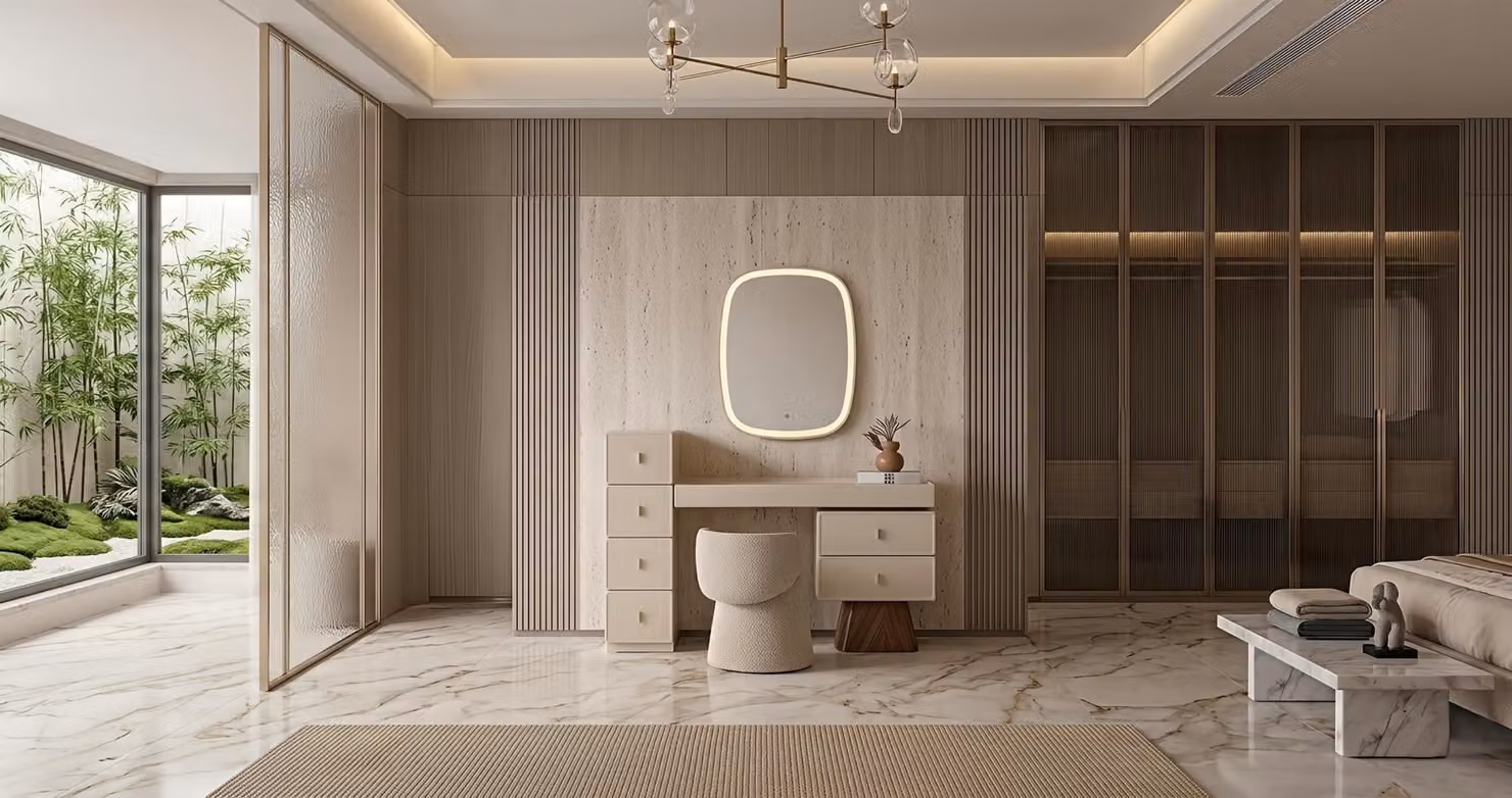 Set per camera da letto: specchio, poggiapiedi, design moderno, beige, lussuoso, tavolino da trucco