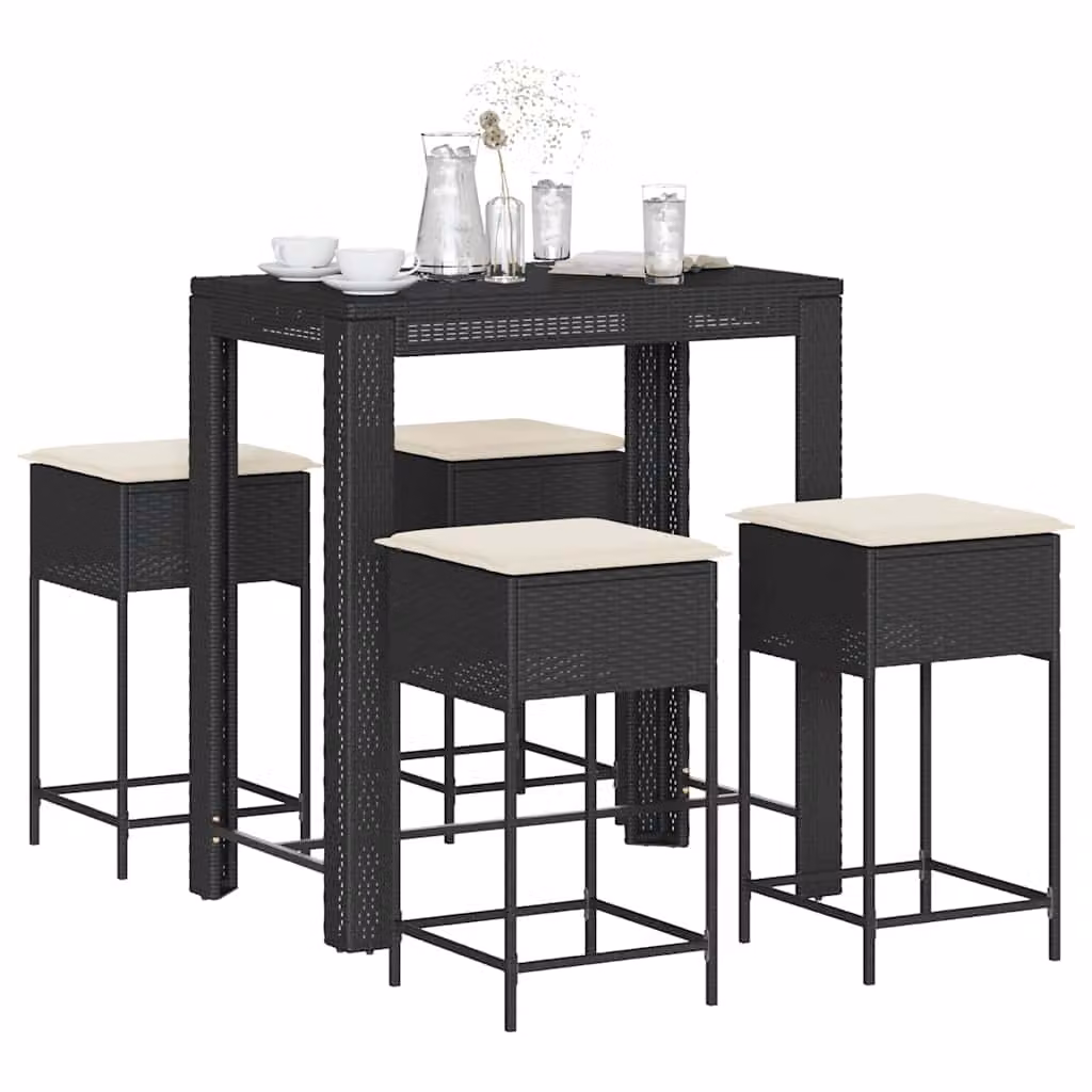 vidaXL Set Bar da Giardino 5 pz in Polyrattan Nero con Cuscini