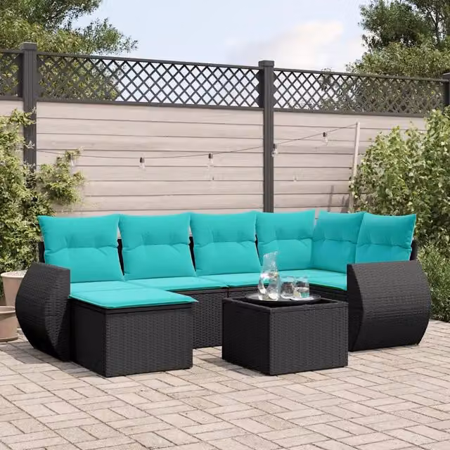 Set Divani da Giardino 7 pz con Cuscini Nero in Polyrattan 3221666